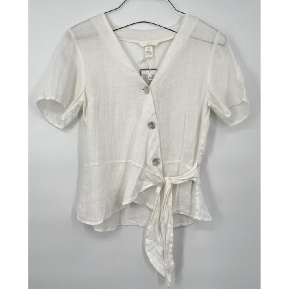 H&M White 100% Linen Lin‎ Side Button Tie Around Blouse Size XSmall